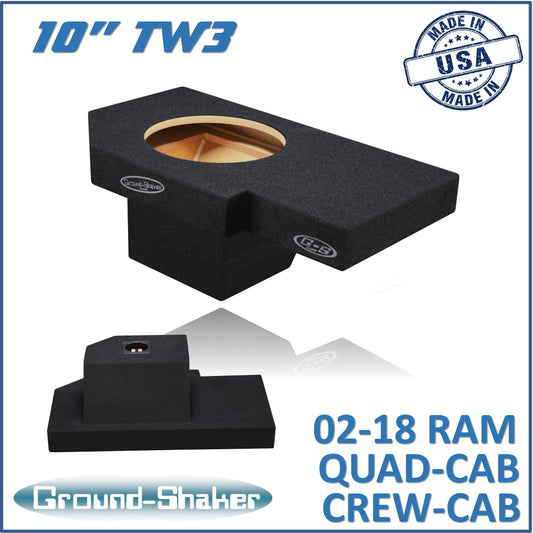 BLACK 10" TW3 SINGLE SEALED SUB BOX, FITS 02-18 DODGE RAM 1500 CREW-CAB & EXT-CAB