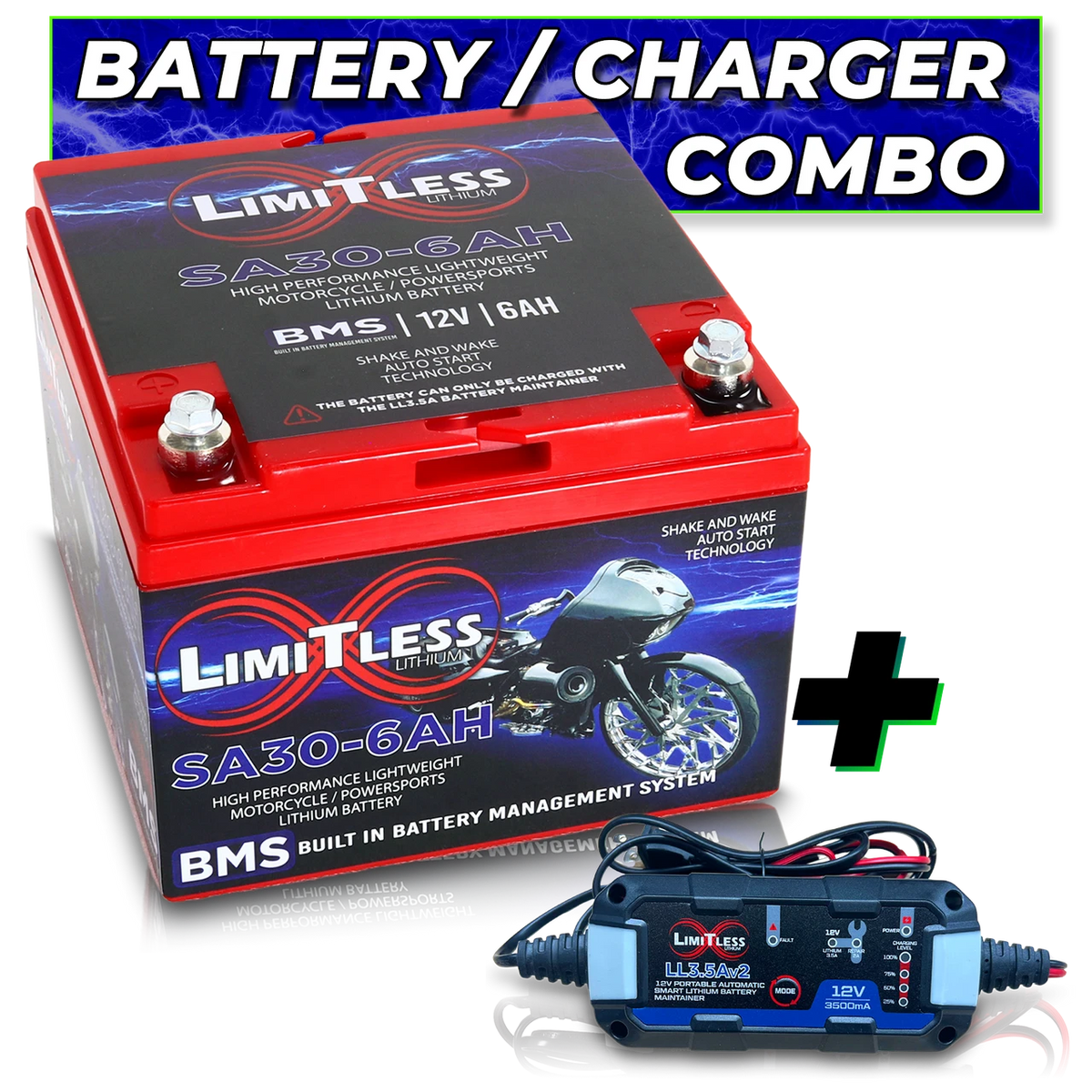 Shake Awake 30 Case 6Ah Smart Motorcycle battery with 3.5A Battery Maintainer