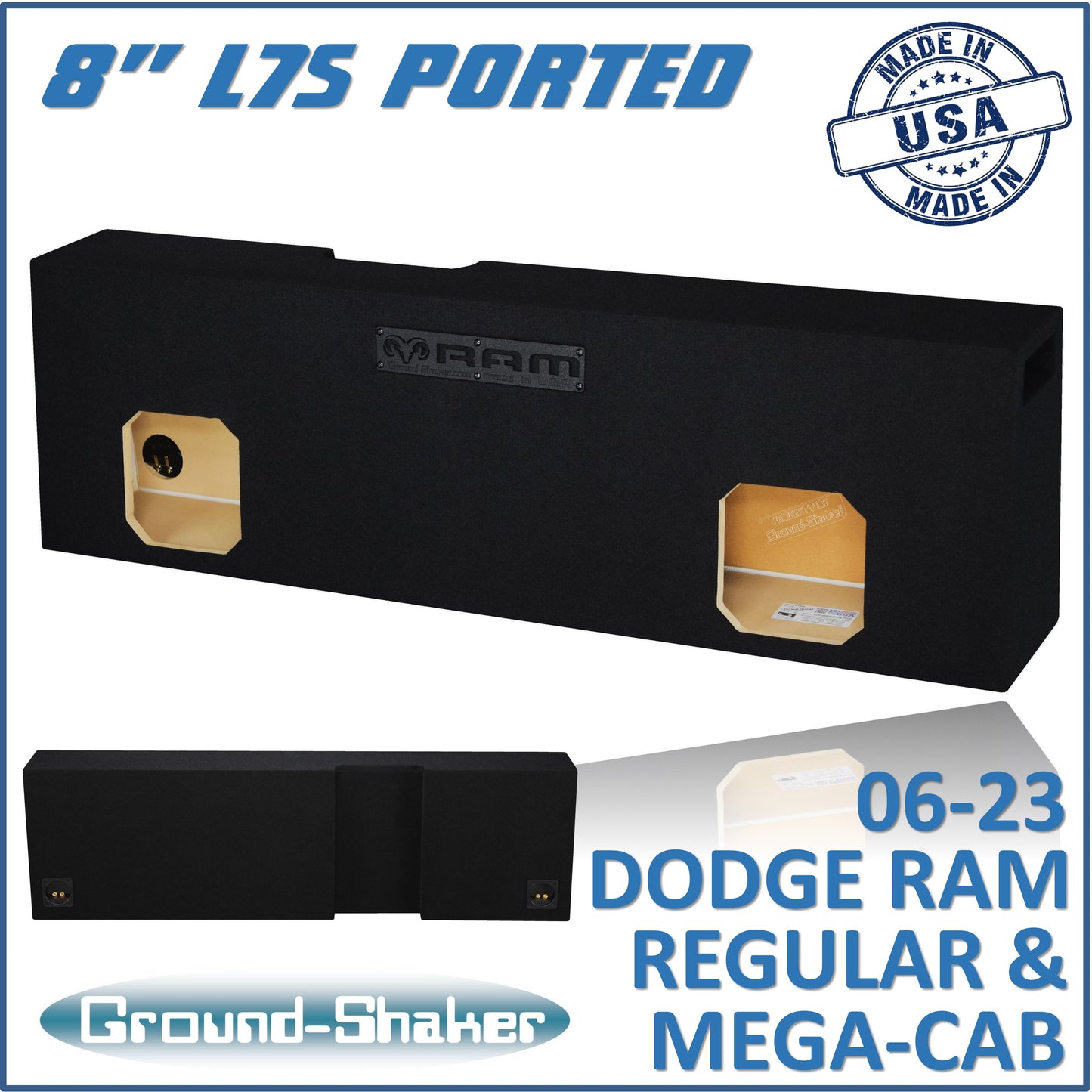 BLACK 8" DUAL PORTED SOLO-BARIC SUB BOX, FITS 06-23 DODGE RAM REGULAR AND MEGA CAB