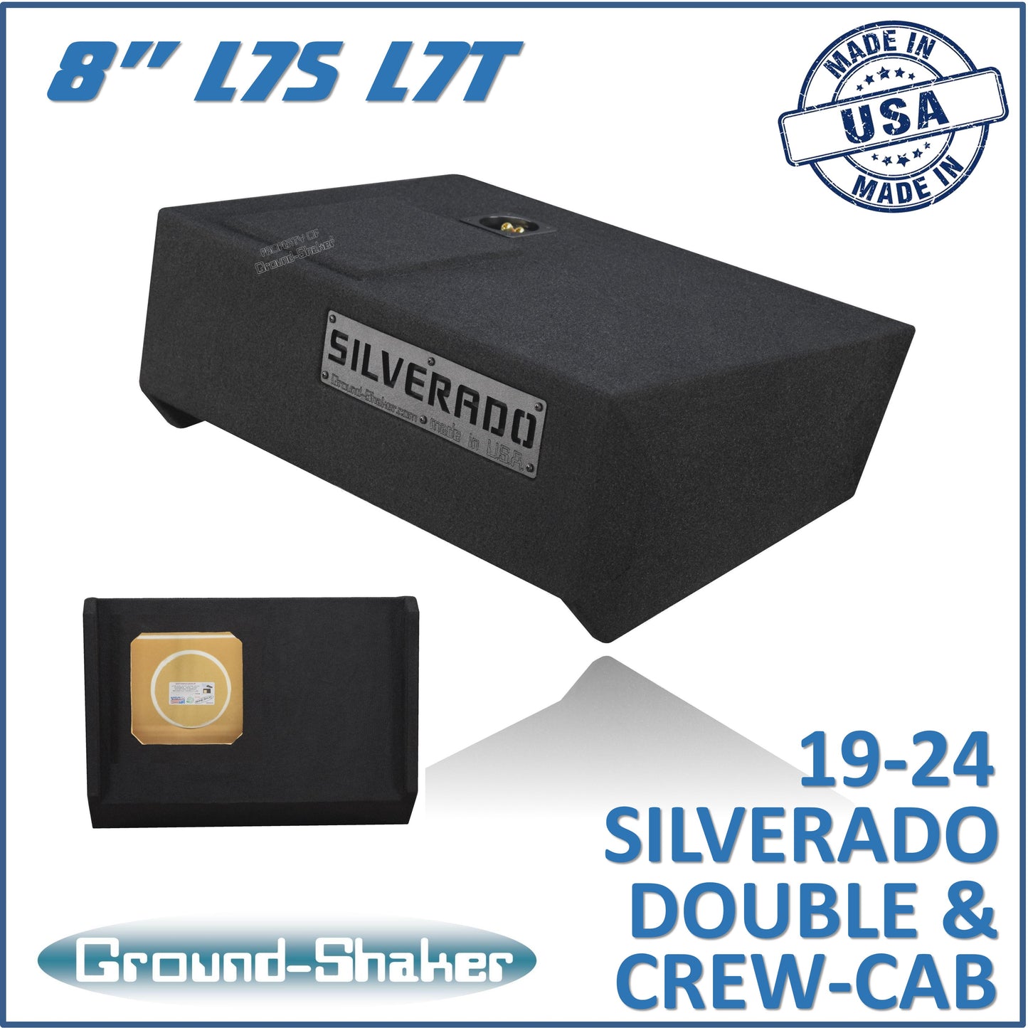 BLACK 8" SOLOBARIC SINGLE SEALED SUB BOX, FITS 19-24 CHEVY SILVERADO DOUBLE & CREW-CAB