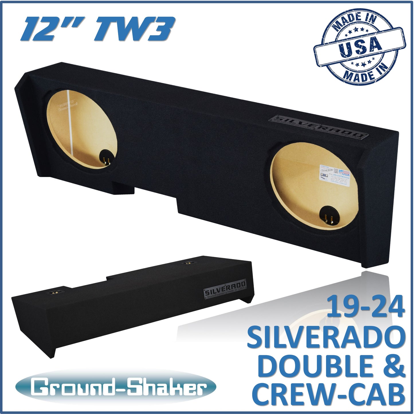 BLACK 12" TW3 DUAL SEALED SUB BOX, FITS 19-24 CHEVY SILVERADO DOUBLE & CREW-CAB