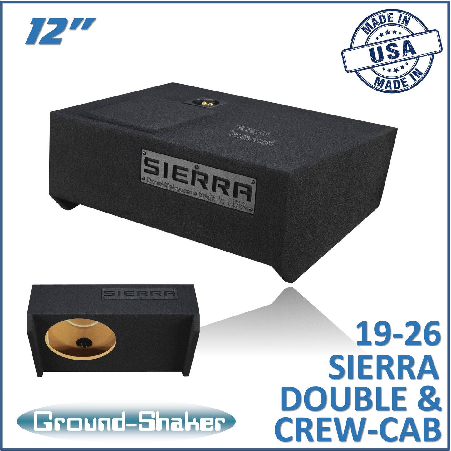 BLACK 12" SINGLE SEALED SUB BOX, FITS 19-26 GMC SIERRA DOUBLE & CREW-CAB