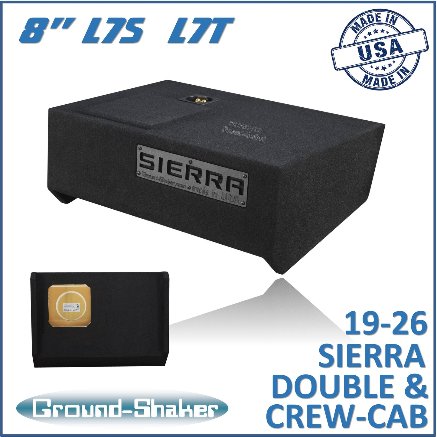 BLACK 8" SOLOBARIC SINGLE SEALED SUB BOX, FITS 19-26 CHEVY GMC SIERRA DOUBLE & CREW-CAB