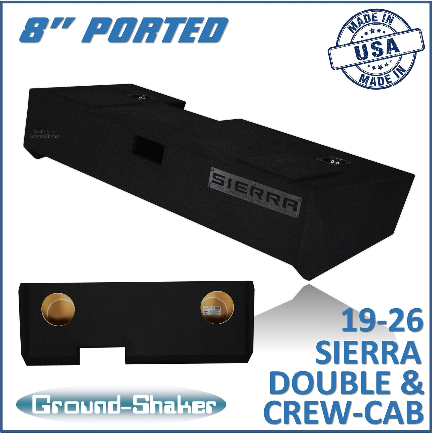 BLACK 8" DUAL PORTED SUB BOX, FITS 19-26 GMC SIERRA DOUBLE & CREW-CAB