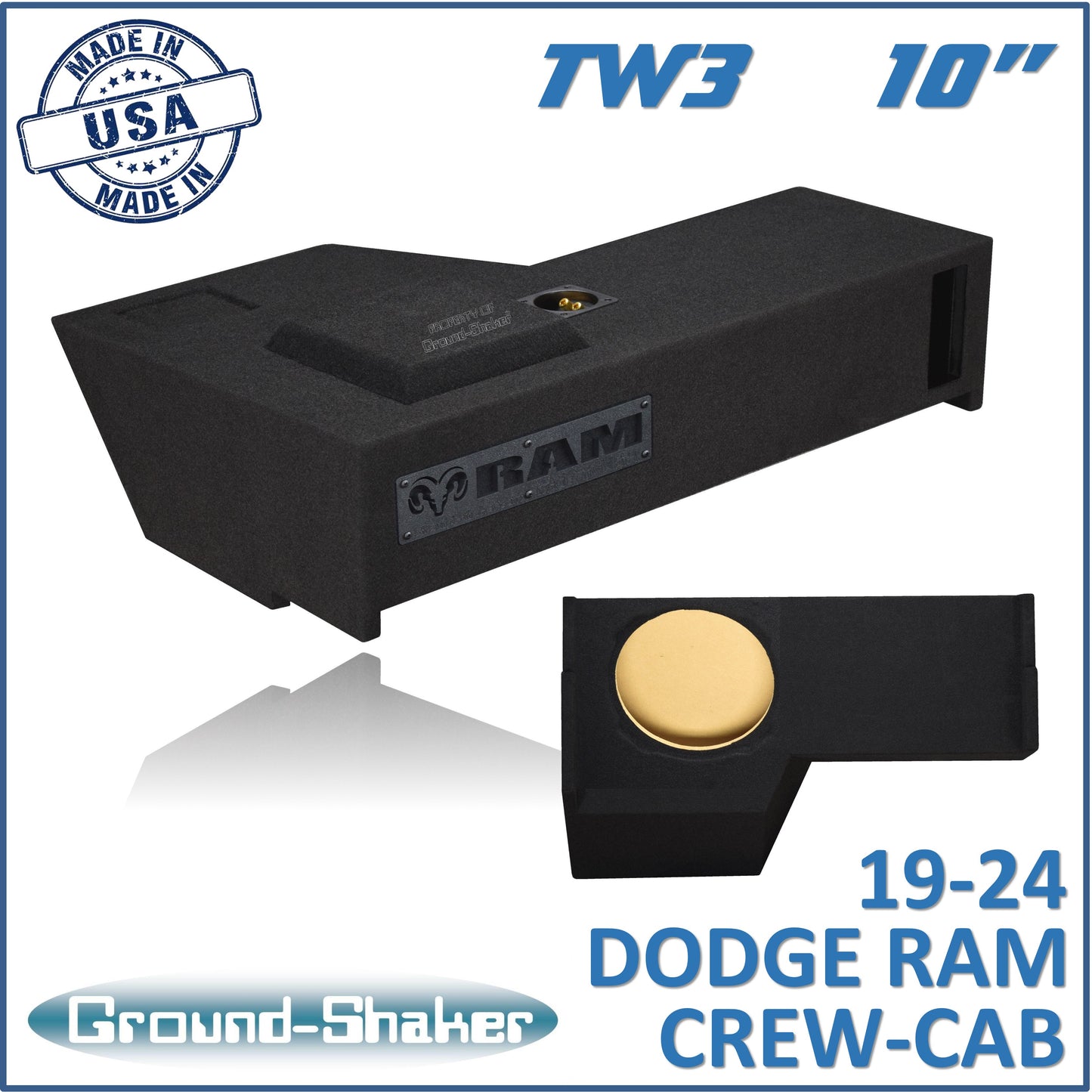BLACK 10" SINGLE PORTED TW3 SUB BOX, FITS 19-24 DODGE RAM 1500 CREW-CAB